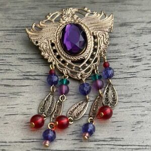 Vintage Gold Tone Filigree Brooch Purple Stone Beaded Tassel Dangle Pin 2.75in